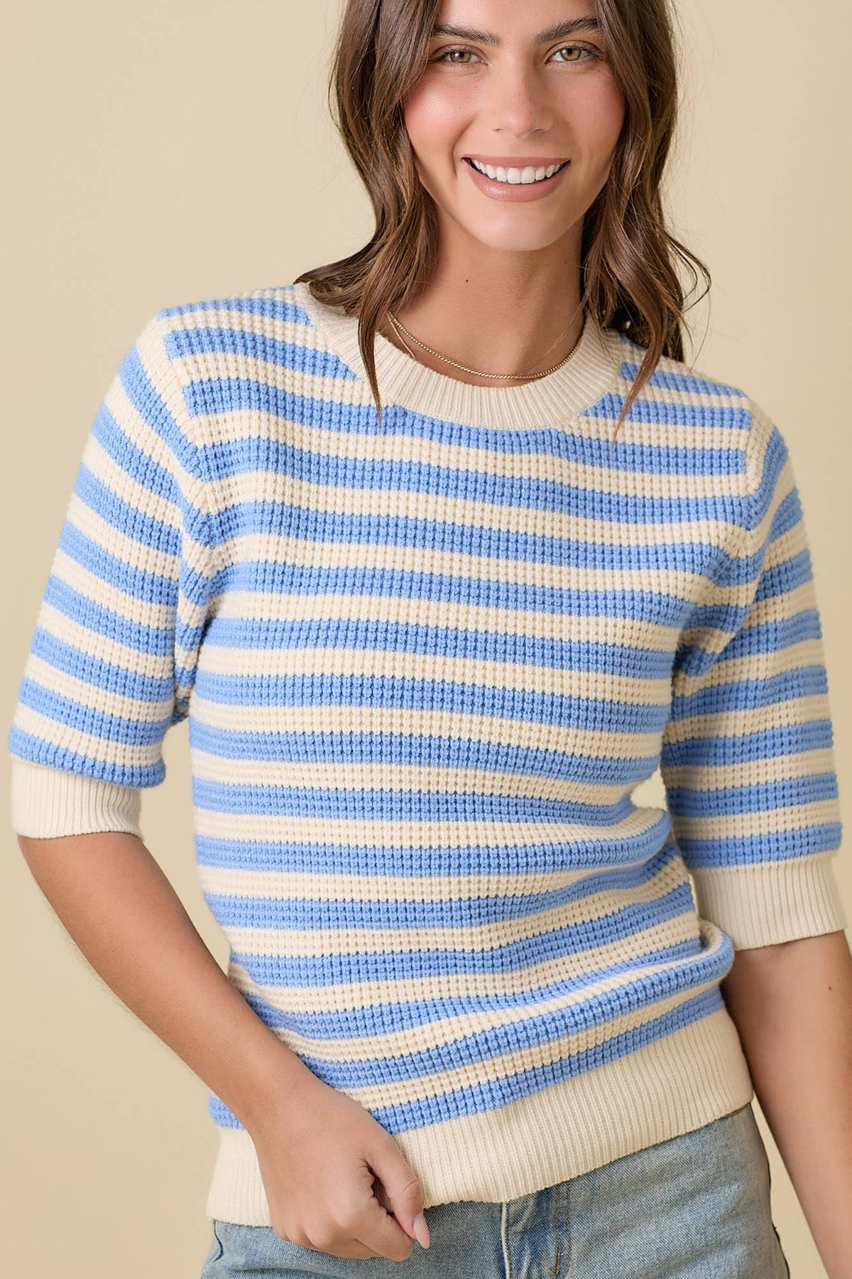 The Camden Stripe Knit Top: Cream/ Blue