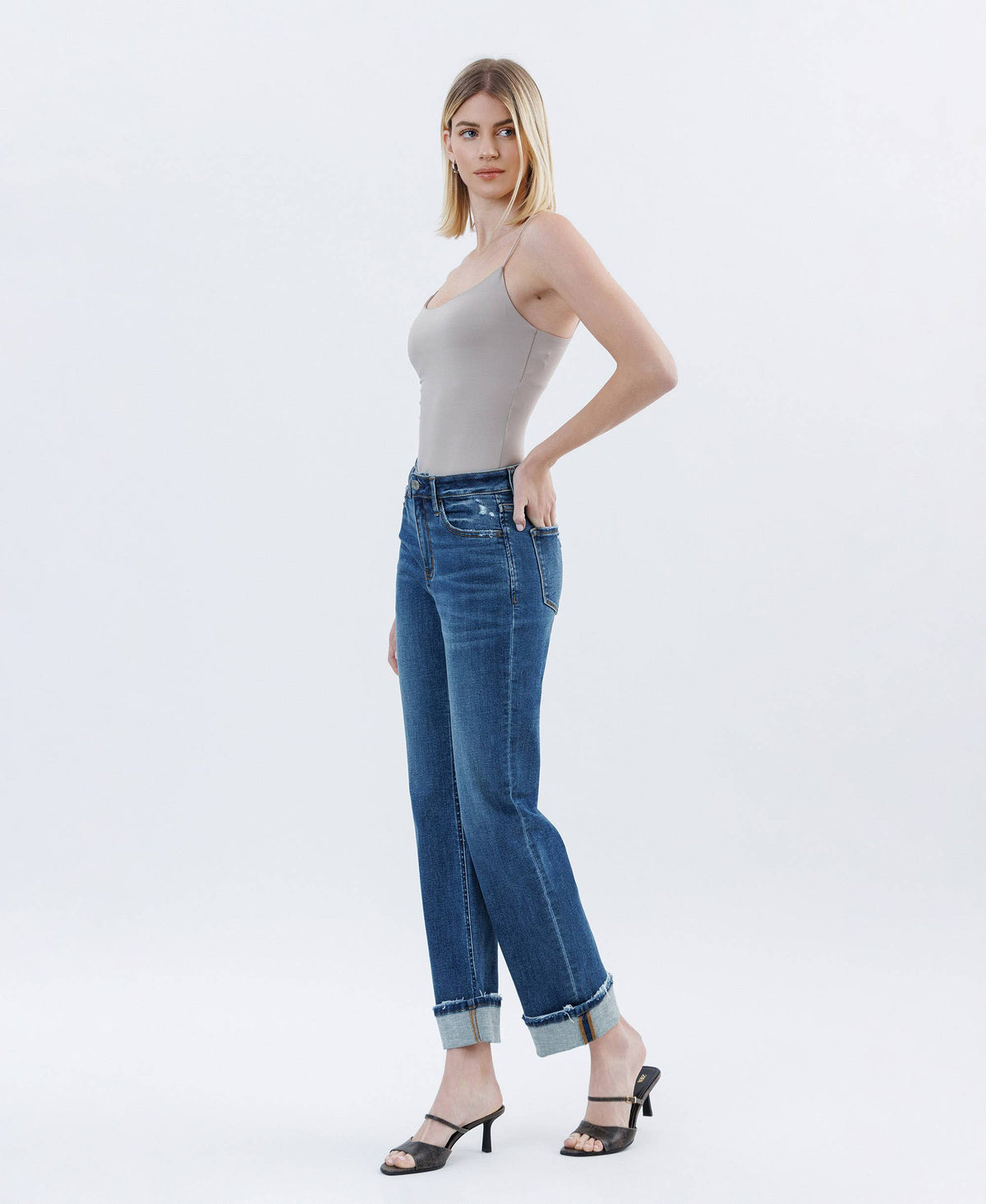 Vervet by Flying Monkey Victoria High Rise Cuffed Straight Jeans: Dark Wash