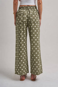 Vintage Olive Polka Dot Wide Leg Drawstring Pants