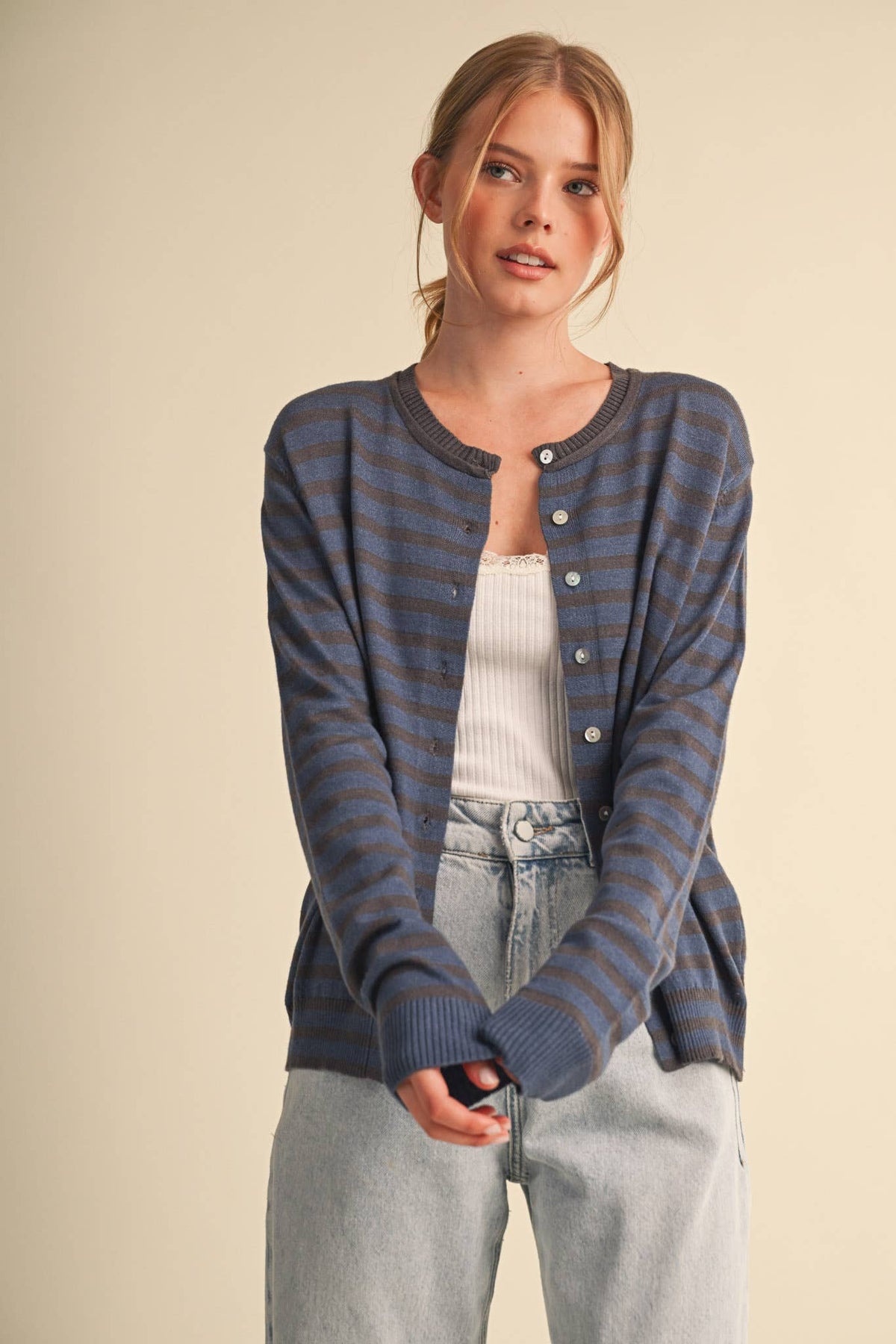 Just Between Us Stripe Cardigan: Denim/Charcoal
