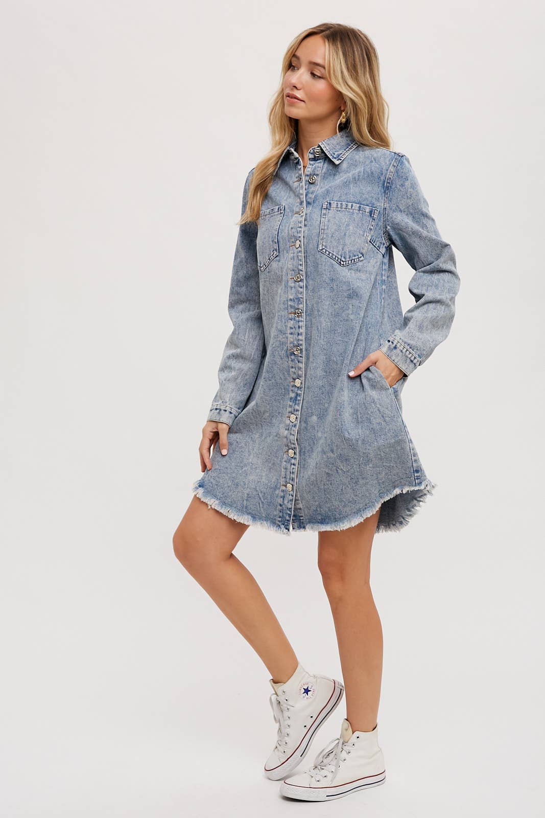 Billie Denim Distressed Long Sleeve Shirt Dress: Medium Wash