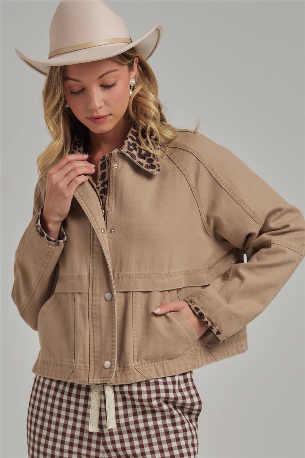 Just a Little Wild Barn Jacket: Taupe/ Leopard