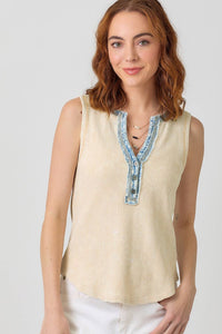 Elowen Washed Thermal Sleeveless Henley Top – Textured Ribbed Casual Essential