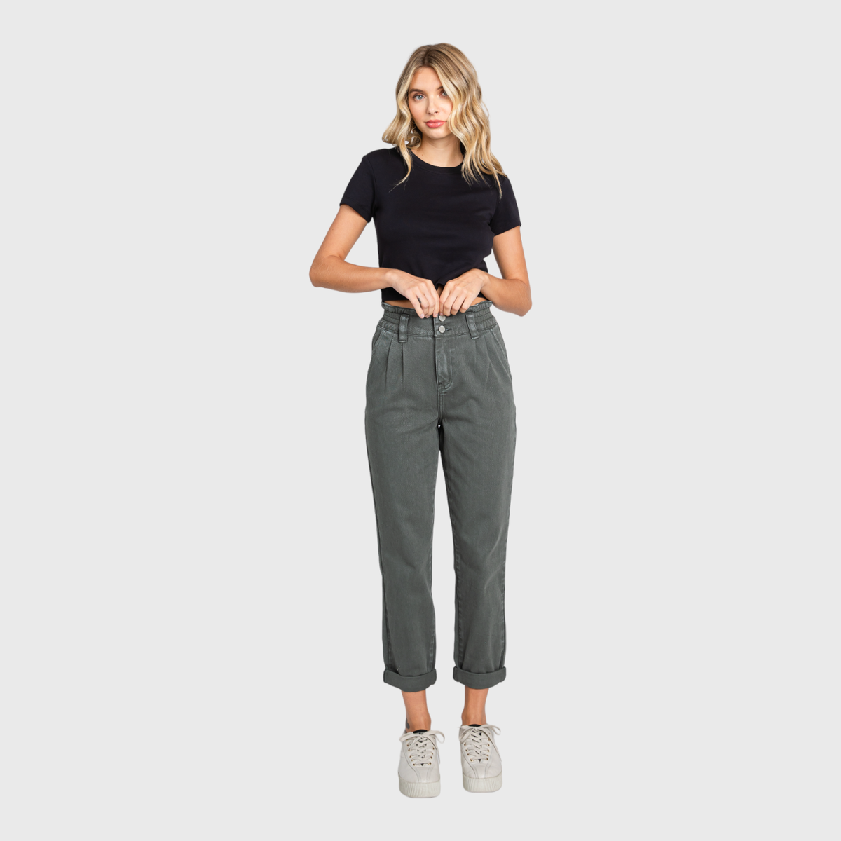 Millie Paperbag Waist Mom Jeans – High Rise Cuffed Denim in Washed Olive