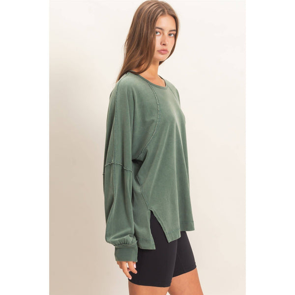 Weekend Ease Snow Wash Raglan Top: Dark Green