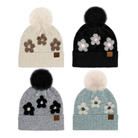 CC Daisy Patch Pom Beanie – Cream Floral Knit Cuff Hat with Faux Fur Pom