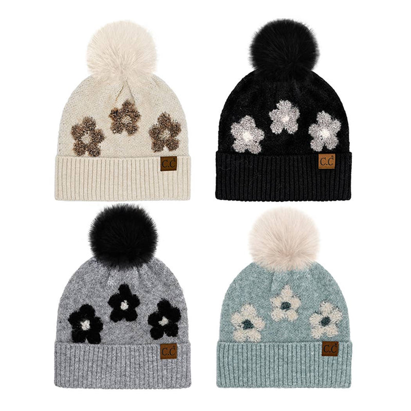 CC Daisy Patch Pom Beanie – Cream Floral Knit Cuff Hat with Faux Fur Pom