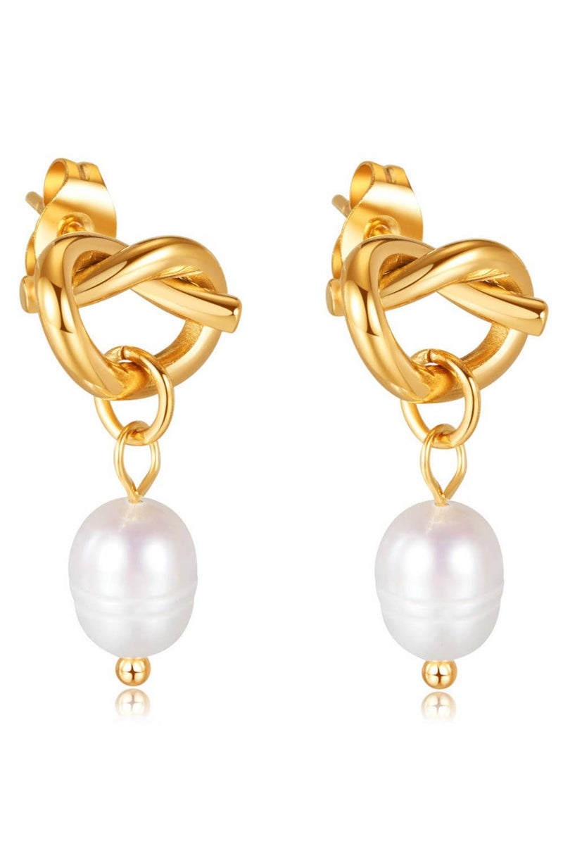 18K Gold Stainless Steel Bow Knot Pearl Drop Earrings – Tarnish Free Waterproof Studs