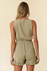 The Sagelee Ruffle Romper: Sage Green – Button Front & Scoop Neck