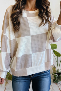 Rory Checkered Textured Long Sleeve Top – Lightweight Woven Pullover (S–XL)