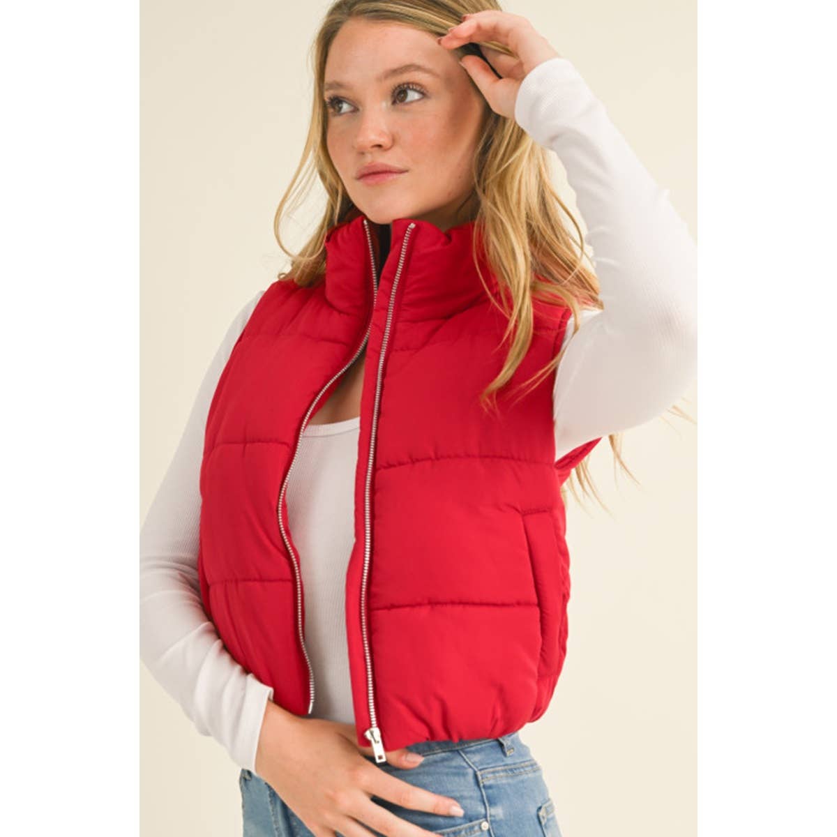 Tessa Puffer Cropped Vest: Deep Red