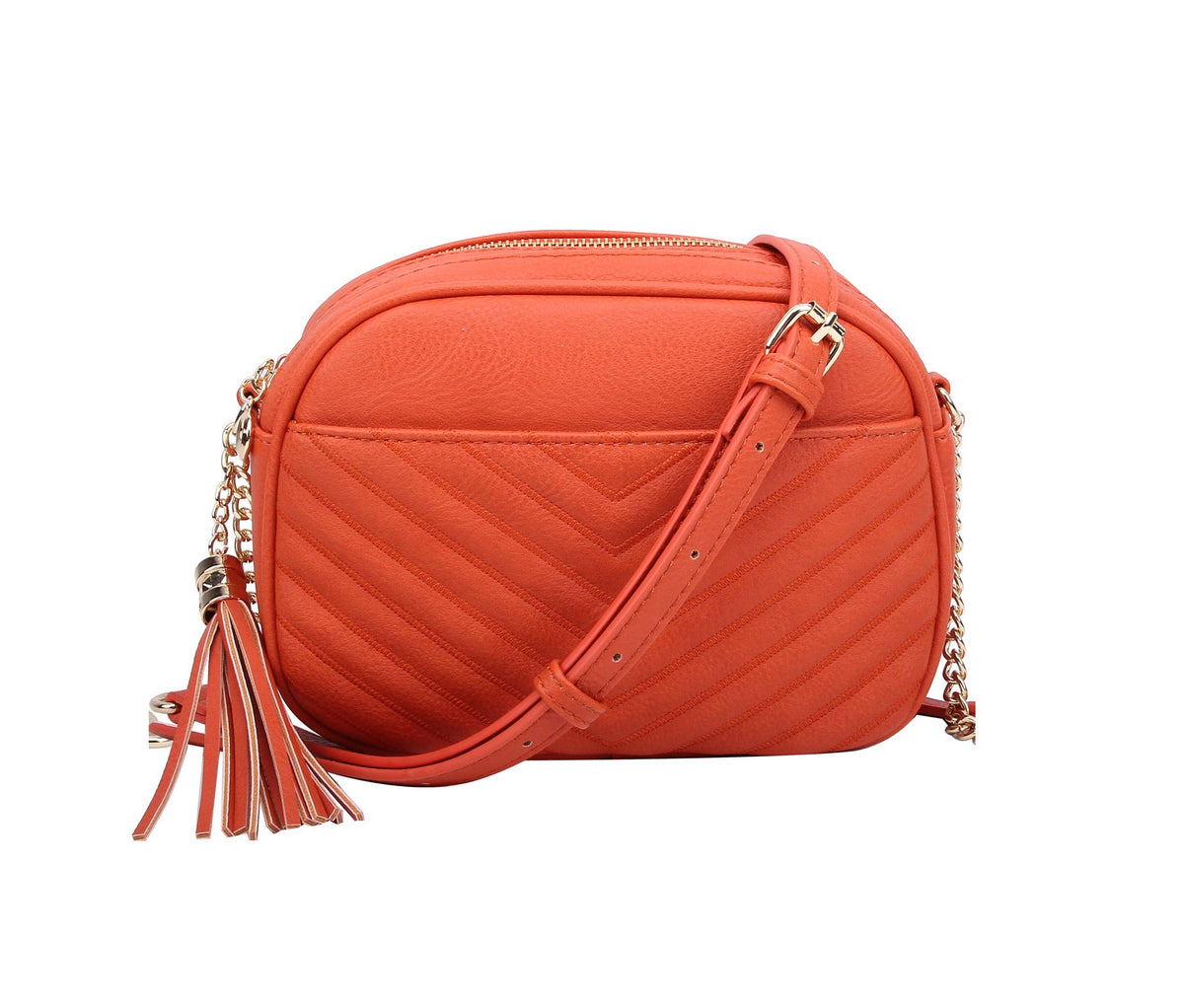 Veronica V-Stitch Tassel Crossbody Bag – Coffee & Stone | Faux Leather Small Purse with Double Zipper Top, Adjustable Strap, Gold Hardware