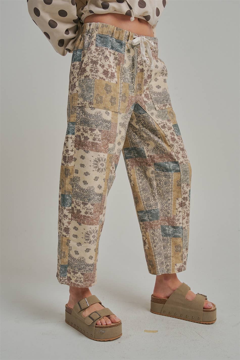 Autumn Story Patchwork Mid Rise Elastic Waist Drawstring Pants