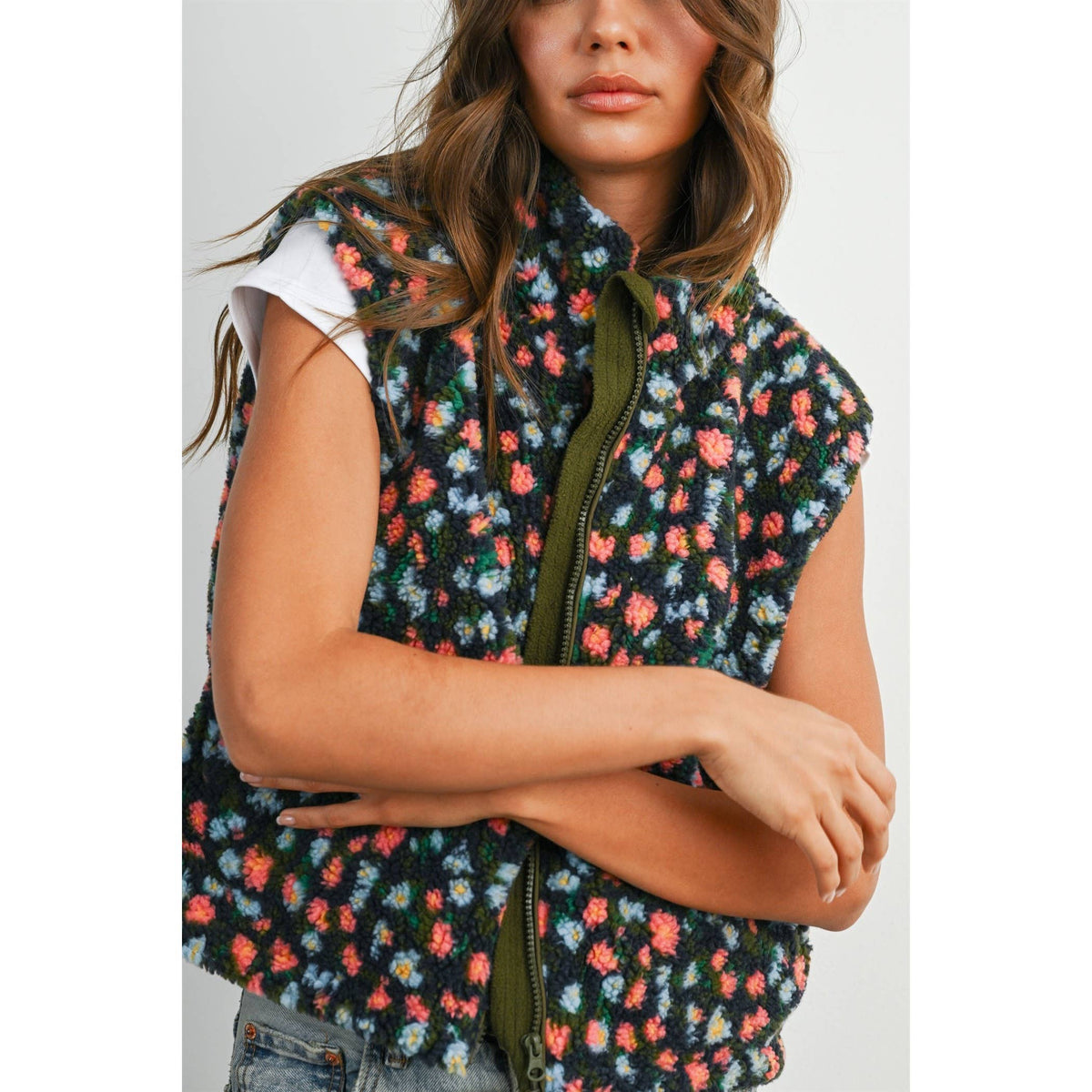 Wildflower Trail Fuzzy Vest: Olive/Multi