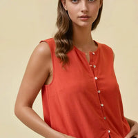 Lucienne Button Front Crop Tank: – Women’s Linen Blend Sleeveless Top