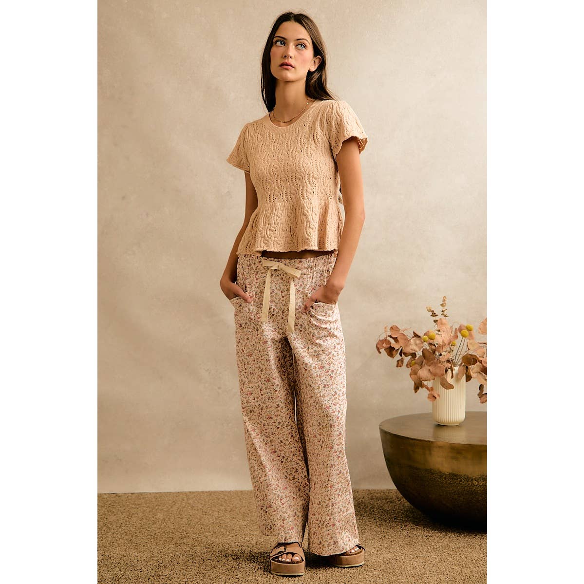 The Meadow Days Wide Leg Pants: Cream Floral