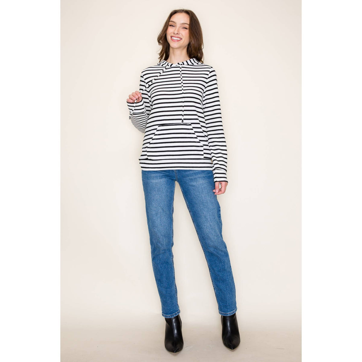 Everyday Essential Striped Long Sleeve Hoodie Top: Black/Ivory