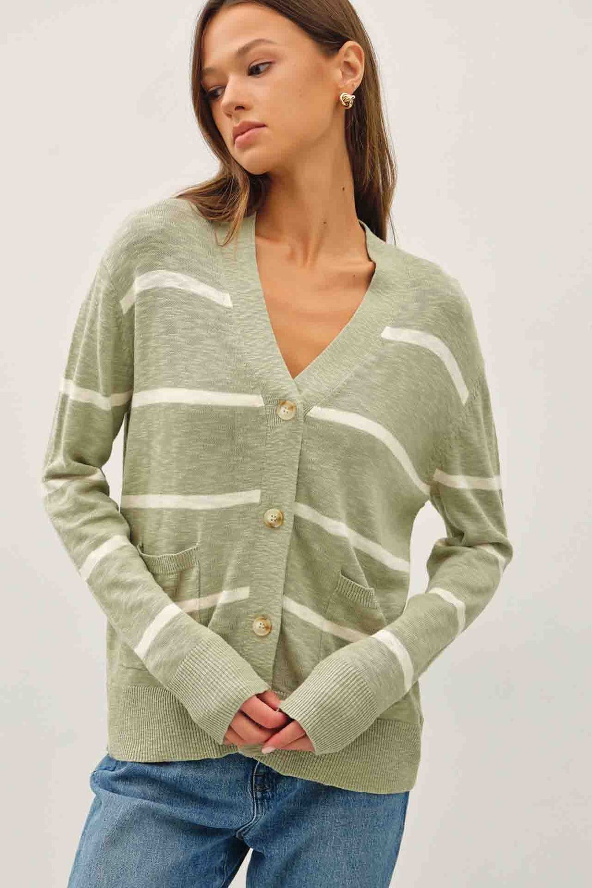 The Sutton Striped Oversized Cardigan: Soft Sage– Lightweight V-Neck Button Front Sweater for Women
