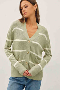 The Sutton Striped Oversized Cardigan: Soft Sage– Lightweight V-Neck Button Front Sweater for Women