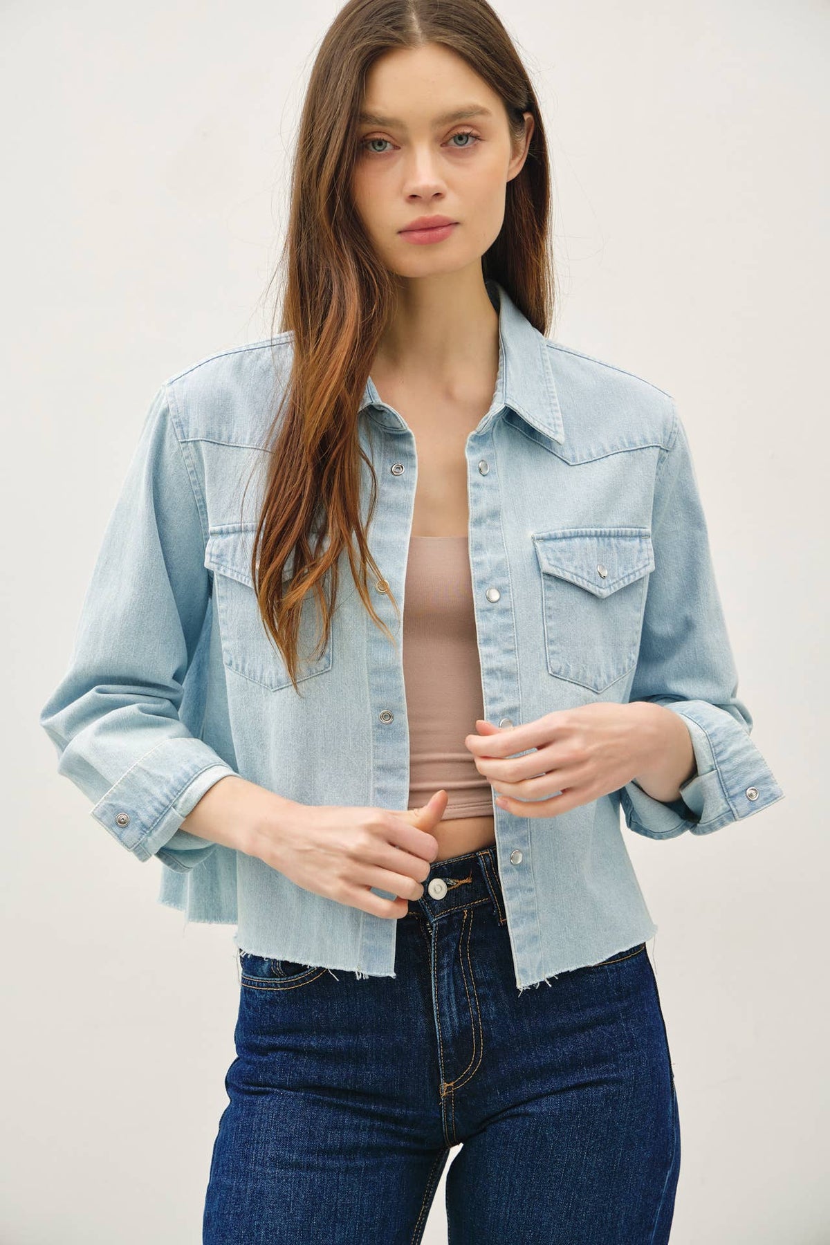The Stevie Washed Cropped Shirt Jacket: Light Wash – Raw Edge Snap Button Shacket