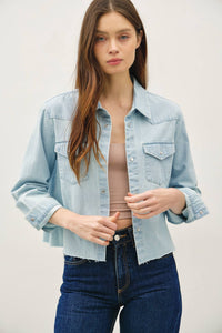 The Stevie Washed Cropped Shirt Jacket: Light Wash – Raw Edge Snap Button Shacket