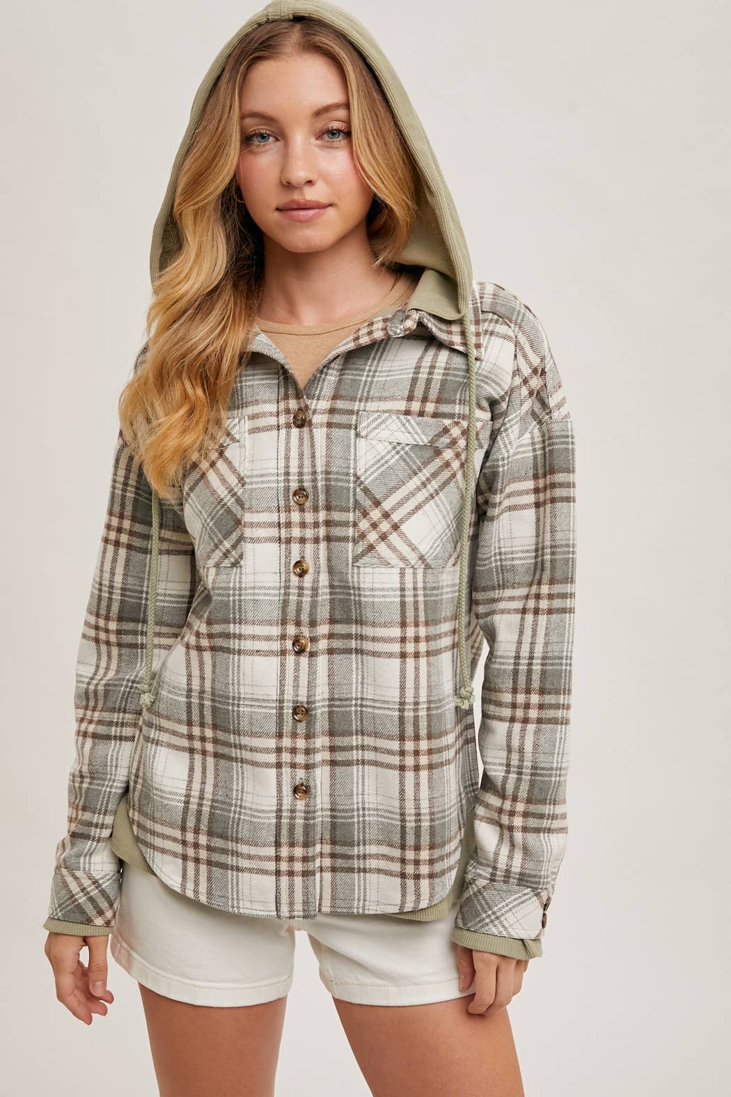 Aspen Hooded Plaid Shacket – Fall  Button-Down Jacket