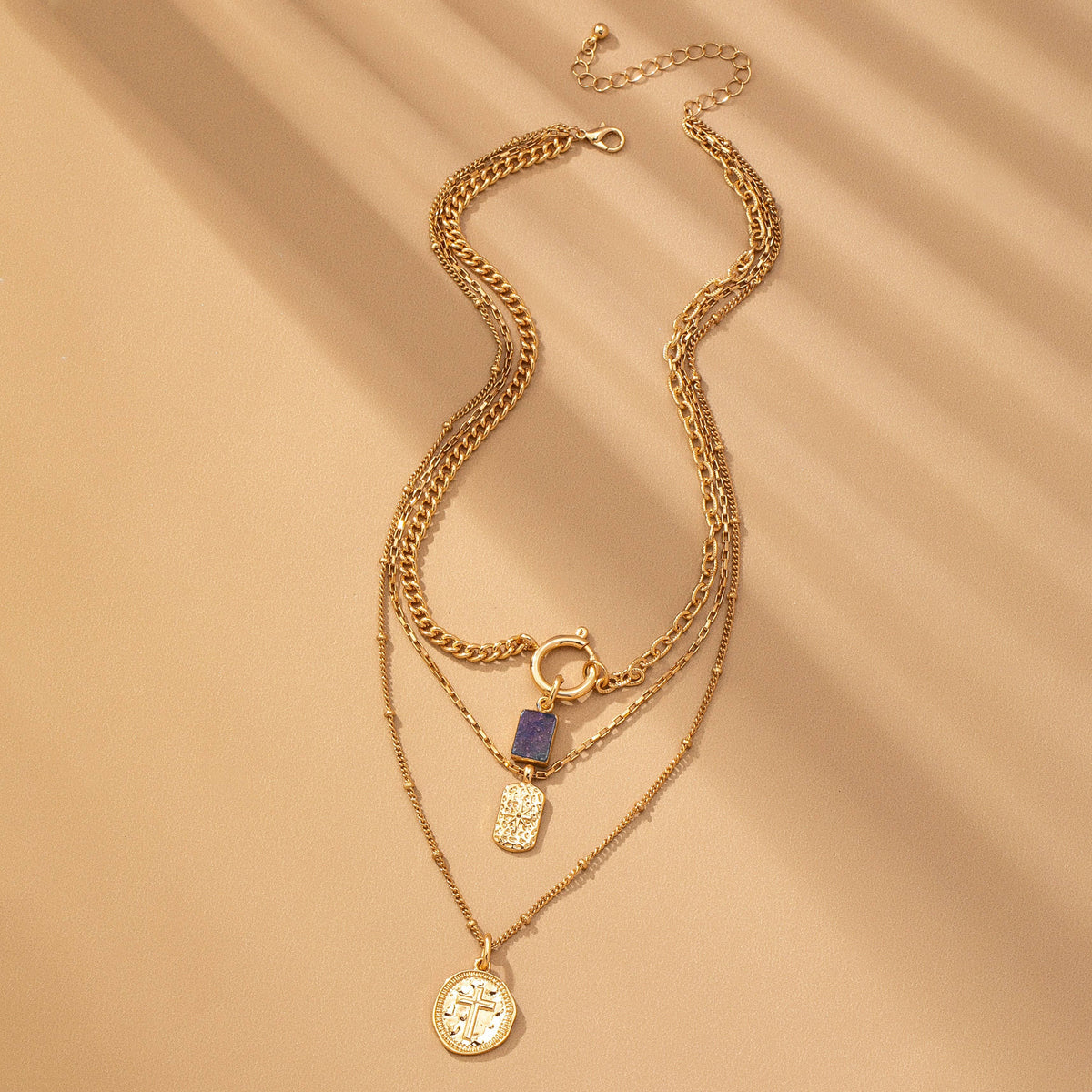 Gold Multi Layer Celestial Cross Necklace – Blue Geometric Stone Charm Necklace
