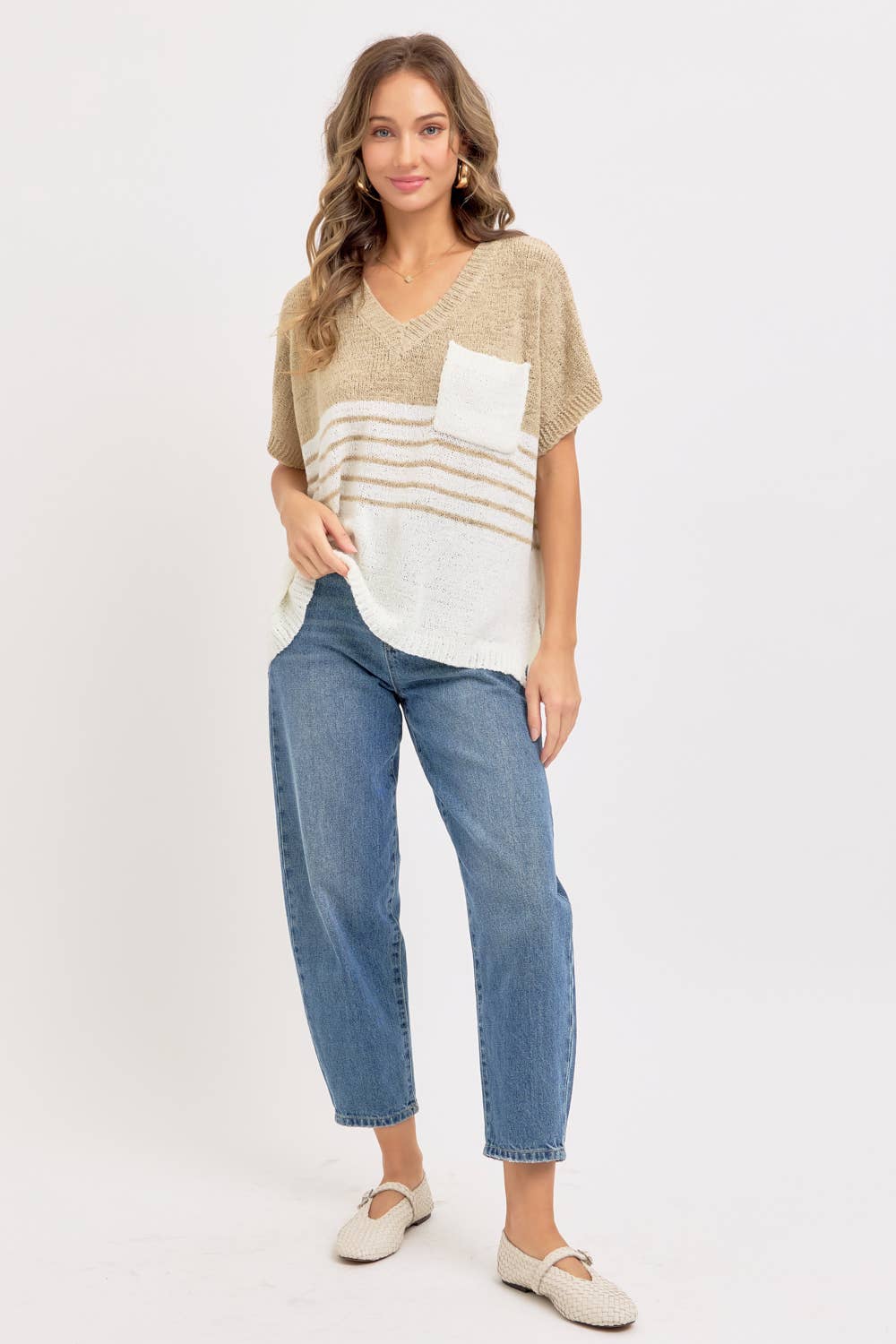Isla Slouchy Striped Knit Top – Oversized V-Neck Sweater Tee