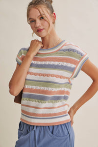 SEASONLESS TRANSITIONAL TEXTURED STRIPE SWEATER VEST: OLIVE MULTI / S