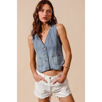 The Hudson Denim Vest: Light Wash  – Vintage Wash Button Front Denim Top