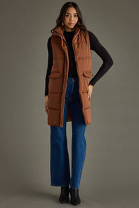 The Aspen Longline Puffer Vest – Quilted Fall Layer with Pockets (Brown & Hunter Green)