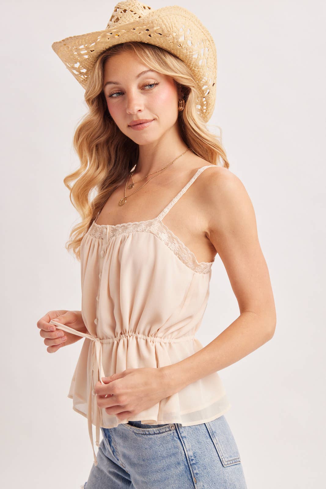Champagne Lace Trim Peplum Cami: Ecru