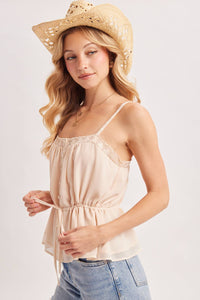 Champagne Lace Trim Peplum Cami: Ecru