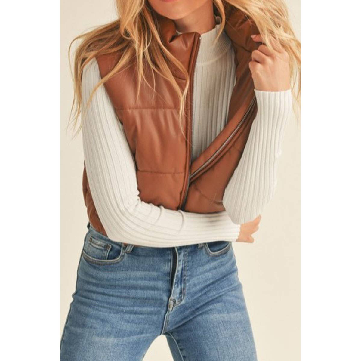 Sadie Faux Leather Cropped Vest: Cognac