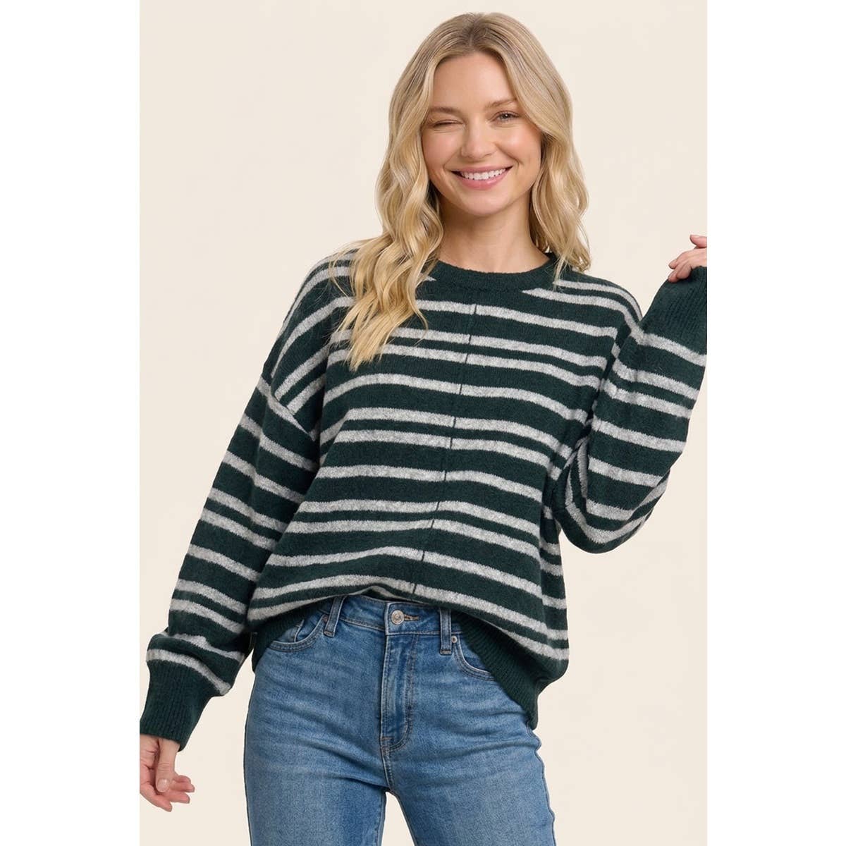 Between the Lines Stripe Sweater: Forrest Green/ Grey