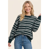 Between the Lines Stripe Sweater: Forrest Green/ Grey