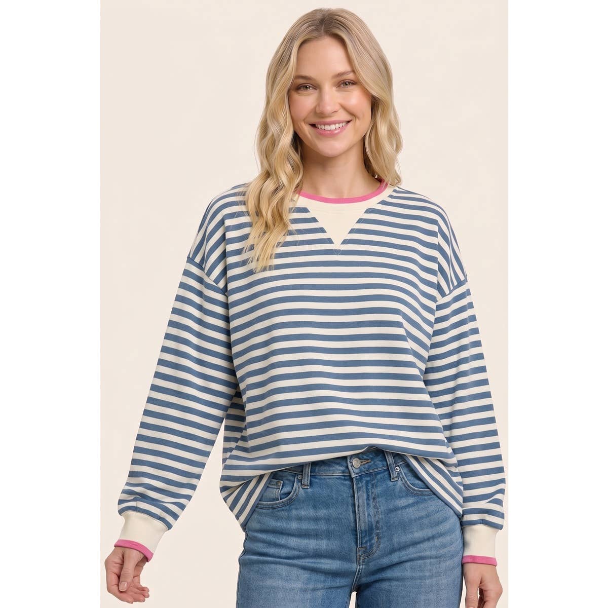 RELAXTED FIT STRIPED SWEATSHIRT: CAMEL / S-M-L-XL(2-2-2-1)