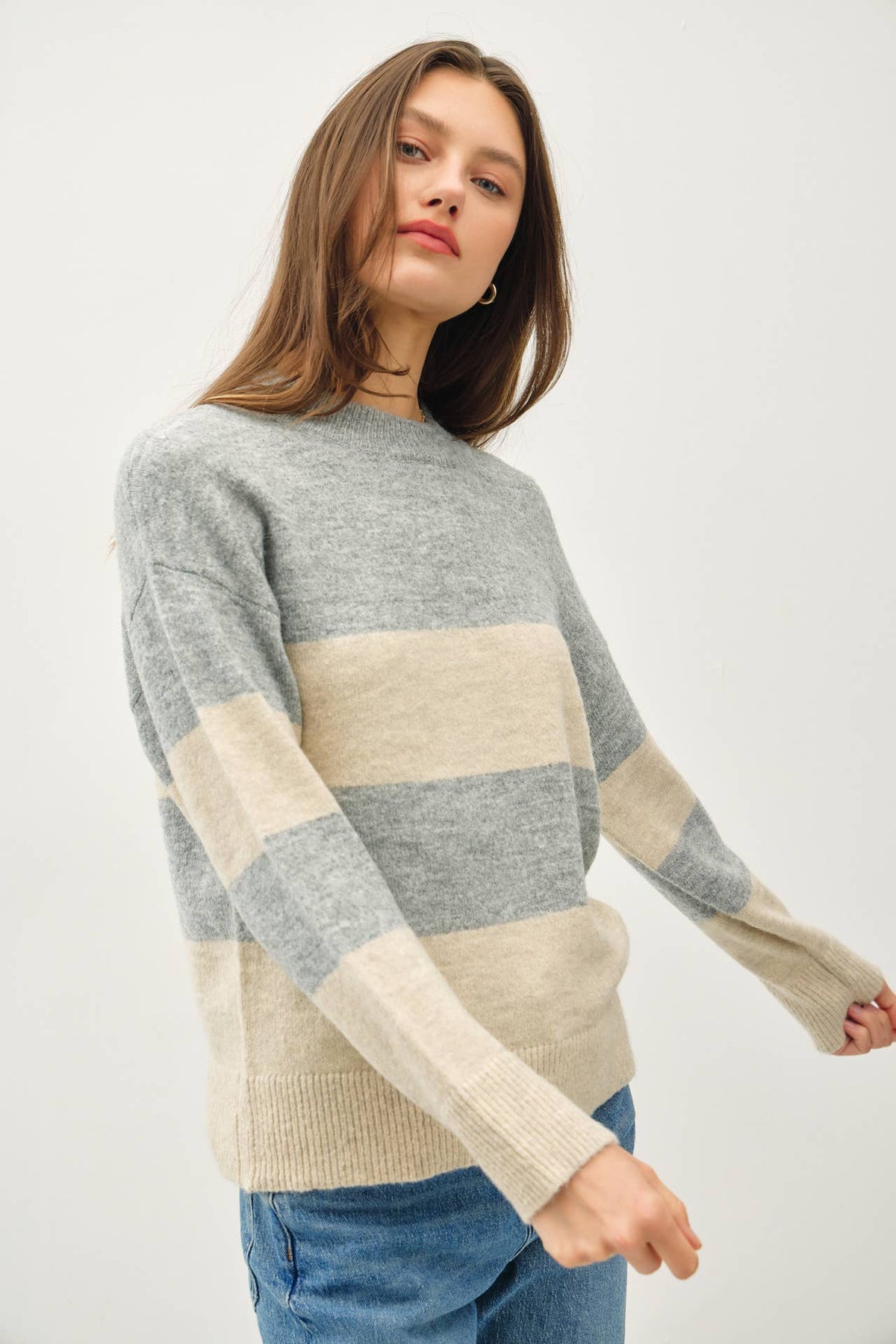 The Clover Colorblock Stripe Knit Sweater: Grey