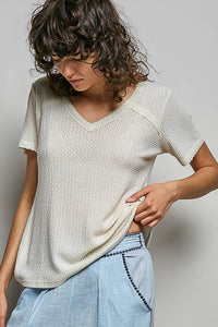 The Clara Lace Trim V Neck Top: Natural – Short Sleeve Textured Knit Everyday Basic