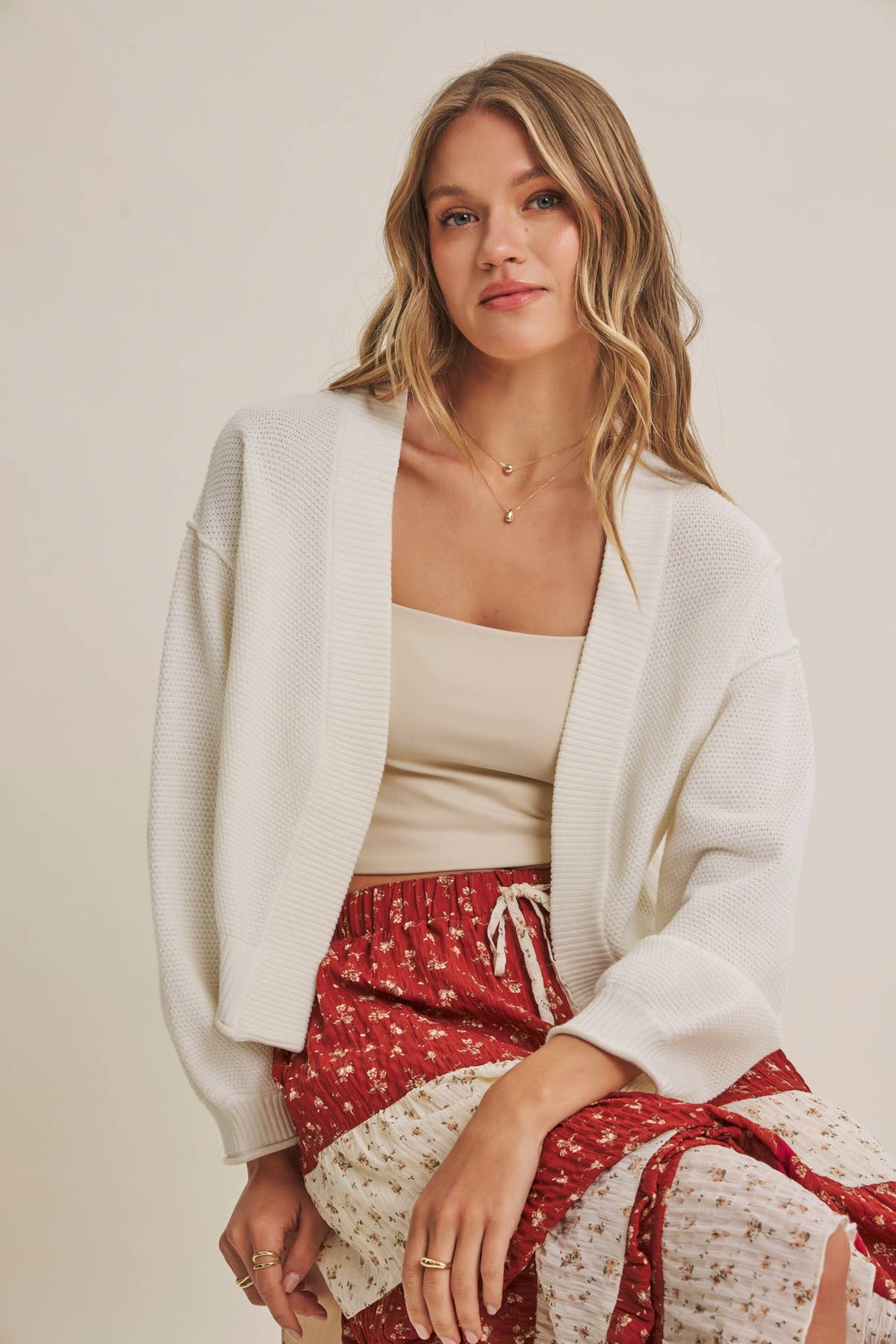 EVERYDAY ESEENTIAL EASY LAYERING BALLOON SLV WAFFLE CARDIGAN: OLIVE / L