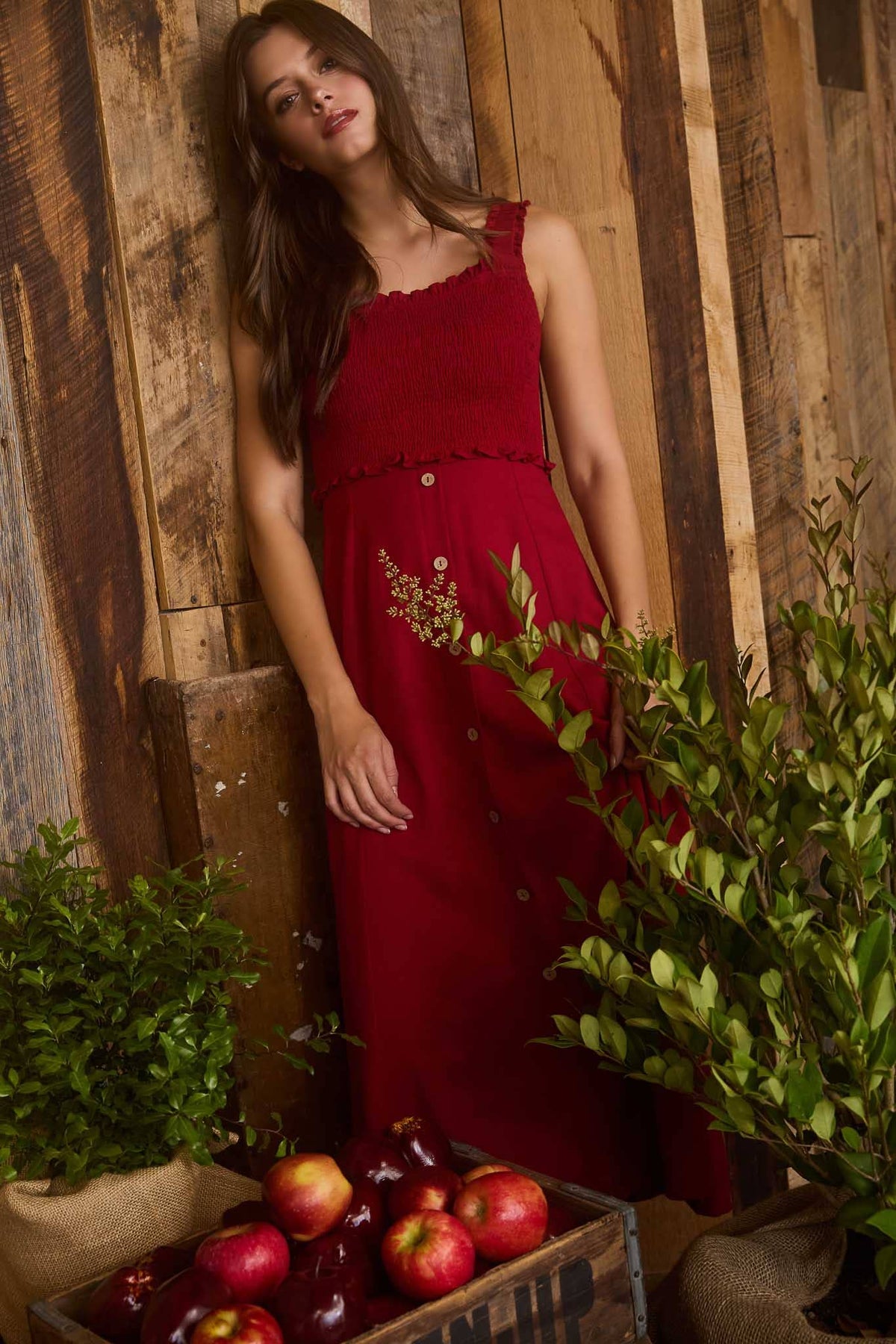 The Josette Smocked Midi Dress – Button-Front Sleeveless Dress in Apple Red