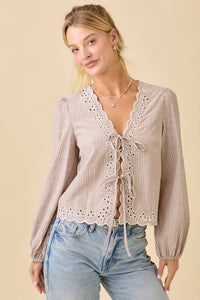 The Laurel Embroidered Tie Top: Taupe