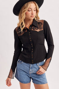 Dakota Rose Western Embroidered Mesh Button Front Top: Black