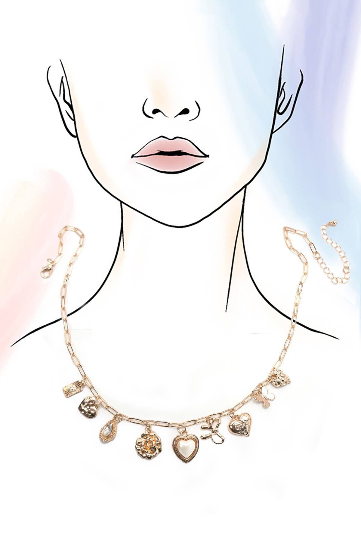 Juliette Gold Charm Necklace – Pearl Heart, Bow & Butterfly Pendant Chain