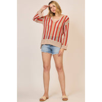 Sunset Stripe Open Knit Sweater: Taupe/ Tomato