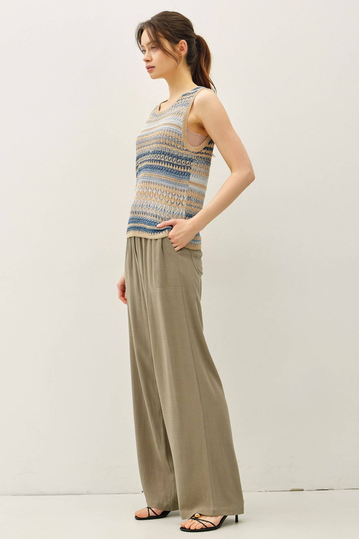 The Laine Striped Crochet Sweater Tank: Blue – Sleeveless Relaxed Fit Knit Top