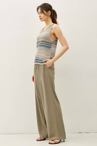 The Laine Striped Crochet Sweater Tank: Blue – Sleeveless Relaxed Fit Knit Top