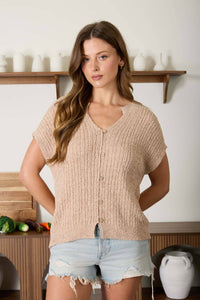 The Harper Ribbed Split Neck Sweater: Natural