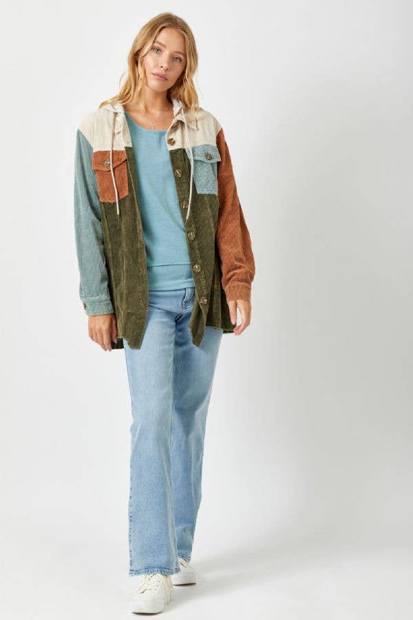 Sadie Color Block Corduroy Hoodie Shacket – Washed Button Down Hi-Low Hem