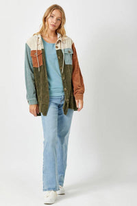 Sadie Color Block Corduroy Hoodie Shacket – Washed Button Down Hi-Low Hem